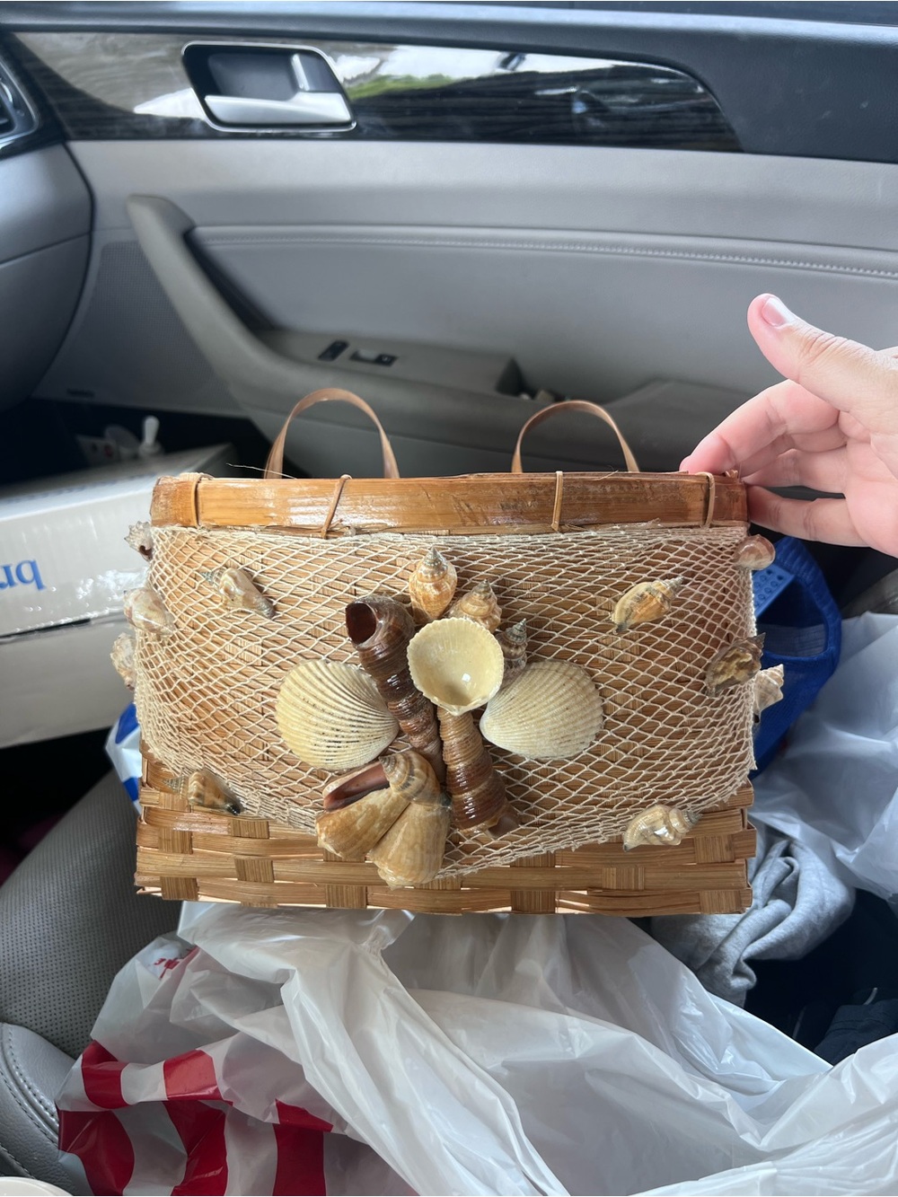 Handcrafted Seashell Accent Woven Straw Basket - Tan